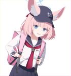  1girl animal_ears bag blue_archive blue_eyes commentary_request eko fox_ears fox_shadow_puppet halo hat highres looking_at_viewer mixed-language_commentary niko_(blue_archive) open_mouth pink_hair school_uniform simple_background solo white_background 