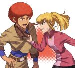  1boy 1girl afro anger_vein angry belt blonde_hair blue_eyes blue_shirt brown_belt brown_jacket brown_pants clothes_grab commentary_request cosmo_yuki cropped_jacket densetsu_kyojin_ideon highres jacket jacket_grab kasha_imhof kogetoriten_999 long_sleeves looking_at_another open_mouth pants pink_shirt redhead shirt teeth twintails upper_teeth_only v-shaped_eyebrows 