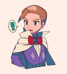  ! 1boy bow bowtie brown_hair cape commentary_request eusine_(pokemon) green_eyes jacket looking_to_the_side male_focus open_mouth pokemon pokemon_(game) pokemon_hgss purple_jacket red_bow red_bowtie shirt short_hair solo spoken_exclamation_mark tyako_089 upper_body white_cape white_shirt 
