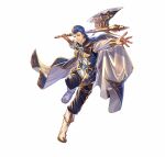  1boy axe black_pants blue_cape blue_coat blue_eyes blue_hair boots cape clenched_hand coat fire_emblem fire_emblem:_genealogy_of_the_holy_war fire_emblem_heroes holding holding_axe lex_(fire_emblem) official_art pants shimomura_watari smile solo 