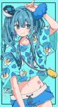  1girl blue_eyes blue_hair blue_shorts blush bokarokaku character_print commentary crop_top earrings hatsune_miku highres jewelry long_hair midriff necklace pokemon quaxly shorts smile solo twintails vocaloid yellow_nails 
