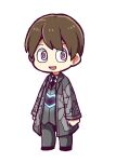  1boy @_@ black_necktie brown_hair coat collared_shirt commentary_request employee_(lobotomy_corporation) eyebrows_hidden_by_hair full_body grey_coat grey_pants grey_vest hatake_shimeji heart heart_print lobotomy_corporation long_sleeves male_focus necktie no_nose open_clothes open_coat open_mouth outline pants project_moon shirt short_hair simple_background smile solo transparent_background vest white_eyes white_outline white_shirt 