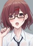 1girl bespectacled black_necktie blue_eyes blush brown_eyes brown_hair collarbone collared_shirt colored_tips commentary_request glasses gradient_eyes grey_background hair_between_eyes hair_ornament hair_twirling hairclip hand_up highres higuchi_madoka idolmaster idolmaster_shiny_colors looking_at_viewer mole mole_under_eye multicolored_eyes multicolored_hair nail_polish necktie open_mouth red_nails shirt short_hair simple_background solo teeth upper_body upper_teeth_only white_shirt yellow_eyes yuzuyu_(hyui) 