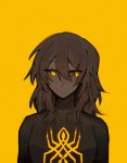  1girl black_bodysuit bodysuit brown_hair closed_mouth commentary english_commentary glowing glowing_eyes hair_between_eyes highres honkai:_star_rail honkai_(series) long_hair looking_at_viewer marvel riyeunji simple_background solo spider-man_(series) stelle_(honkai:_star_rail) trailblazer_(honkai:_star_rail) twitter_username yellow_background yellow_eyes 