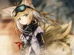  1girl absurdres animal_ear_fluff animal_ears antenna_hair arknights arm_ribbon black_scarf blonde_hair closed_mouth commentary_request fox_ears fox_girl fox_tail goggles goggles_on_head highres kitsune kyuubi layered_sleeves long_hair long_sleeves looking_at_viewer multicolored_hair multiple_tails official_alternate_costume partial_commentary rau_ma_(the_rauma001) red_ribbon ribbon scarf shirt short_sleeves solo suzuran_(arknights) suzuran_(lostlands_flowering)_(arknights) tail two-tone_hair upper_body white_hair white_shirt wide_sleeves yellow_eyes 