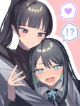  !? 2girls :3 ado_(singer) aqua_hair black_bow black_bowtie black_hair black_jacket blue_eyes blunt_bangs blush border bow bowtie collared_shirt colored_inner_hair commentary_request dual_persona grey_shirt hair_between_eyes heart heart-shaped_pupils highres hug jacket long_hair looking_at_another looking_at_viewer mole mole_under_eye multicolored_hair multiple_girls naima_(usseewa) niconico nose_blush open_mouth pink_background ponytail shirt sidelocks spoken_heart spoken_interrobang streaked_hair symbol-shaped_pupils tsukuno_tsuki turtleneck upper_body usseewa utaite_(singer) violet_eyes white_background white_border 