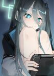  1girl :o aqua_eyes aris_(blue_archive) black_hair blue_archive hair_between_eyes halo handheld_game_console highres knees_up long_hair noo2g one_side_up playing_games solo very_long_hair 