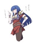  1girl :d =3 absurdres armor belt belt_buckle blue_hair breastplate brown_belt brown_pantyhose buckle caeda_(fire_emblem) commentary cropped_legs dress elbow_gloves fingerless_gloves fire_emblem fire_emblem:_mystery_of_the_emblem gloves hand_on_own_hip hand_up highres index_finger_raised long_hair multiple_belts open_mouth pantyhose pegasus_knight_uniform_(fire_emblem) powerhamuhamu red_dress short_dress shoulder_armor side_slit simple_background smile solo translation_request v-shaped_eyebrows white_armor white_background white_gloves 