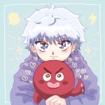  2boys 34_de_yaro :3 affectionate blush_stickers creature furrowed_brow hair_down happy happy_aura head_on_head head_rest heart highres holding holding_creature hunter_x_hunter ikalgo killua_zoldyck long_sleeves looking_at_viewer loving_aura male_focus multiple_boys octopus_boy short_hair smile sparkle sparkling_eyes upper_body waving 