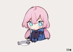  1girl arknights blue_eyes blue_jacket blue_poison_(arknights) blush chibi dailybloopy fish hood hooded_jacket jacket knees_up long_hair long_sleeves low_twintails pink_hair reaching sacabambaspis simple_background sitting solo twintails white_background 