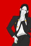  1boy black_hair black_necktie black_suit cowboy_shot formal green_nails hand_on_own_face hand_on_own_hip highres hunter_x_hunter illumi_zoldyck long_hair looking_at_viewer male_focus nail_polish necktie open_clothes pin red_background shirt simple_background smile suit tktk_7777 white_shirt 