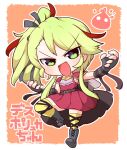  1girl blush boots capelet chibi creature deathpolca demons_roots dress fingerless_gloves full_body gloves green_eyes green_hair kado_(hametunoasioto) long_hair looking_at_viewer open_mouth red_dress side_ponytail smile solo striped striped_thighhighs thigh-highs zettai_ryouiki 