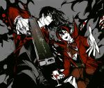  2boys aiming_at_viewer alucard_(hellsing) baskerville_(hellsing) blood bow bowtie brown_bow brown_bowtie coat collared_shirt cup drinking_glass fingernails hellsing highres jackal_(hellsing) library_of_ruina long_sleeves looking_at_viewer multicolored_hair multiple_boys necktie nosferatu_(project_moon) project_moon reaching reaching_towards_viewer red_coat red_eyes red_nails red_necktie redhead remsrar sharp_fingernails shirt smoke streaked_hair trait_connection vampire white_hair wine_glass 