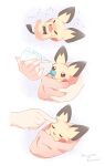  baby blanket bottle brown_eyes closed_eyes commentary_request crying disembodied_limb feeding flying_sweatdrops headpat highres holding holding_bottle mugita_konomi open_mouth pichu pokemon pokemon_(creature) signature smile tearing_up tears 