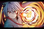  1girl attack bow burning burnt_clothes clenched_hand closed_mouth colored_skin floating_hair fujiwara_no_mokou glowing glowing_skin grey_hair hair_between_eyes hair_bow highres incoming_attack leaning_forward letterboxed long_hair looking_at_viewer nanachise7 ponytail red_eyes shirt solo suspenders torn_clothes touhou upper_body white_skin 