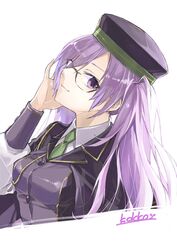  1girl atlas_academy_school_uniform breasts fate/grand_order fate_(series) glasses green_tea highres kino_kokko long_hair long_sleeves necktie purple_hair school_uniform signature sion_eltnam_sokaris tagme tea twintails violet_eyes 