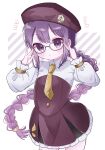  1girl aged_down beret blush braid braided_ponytail dress fate/grand_order fate_(series) glasses hat highres long_hair looking_at_viewer mochan necktie purple_dress purple_hair purple_headwear sion_eltnam_sokaris solo tagme very_long_hair violet_eyes yellow_necktie 