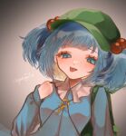  1girl :p backpack bag blue_eyes blue_hair blue_shirt blunt_bangs breasts commentary_request grey_background hair_bobbles hair_ornament half-closed_eyes hand_up hat highres kawashiro_nitori key long_sleeves petite pukuno shirt signature simple_background small_breasts solo tongue tongue_out touhou upper_body 
