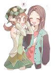  ! +_+ 2girls :d blush borrowed_clothes brown_eyes brown_hair buttons closed_eyes commentary_request detached_sleeves excited green_jacket hand_up highres jacket leaf_(pokemon) leaf_(sygna_suit)_(pokemon) leggings long_hair long_sleeves lyra_(pokemon) lyra_(sygna_suit)_(pokemon) multiple_girls notice_lines official_alternate_costume open_clothes open_jacket open_mouth pink_shirt pokemon pokemon_(game) pokemon_masters_ex shirt skirt smile spoken_exclamation_mark sumeragi1101 twintails 