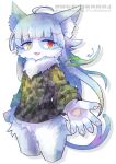 1girl :3 ahoge akaguri_risco animal_ear_fluff animal_ears animal_hands arm_at_side artist_name blue_fur blunt_bangs body_fur bottomless breast_pocket camouflage camouflage_jacket cat_boy cat_ears cat_tail cattail commentary_request cowboy_shot cropped_legs drop_shadow english_text forked_tail furry furry_female green_jacket happy heterochromia highres jacket japan_self-defense_force long_sleeves looking_to_the_side mixed-language_text neck_fur no_nose omaneko open_mouth original otoko_no_ko partial_commentary pawpads plant pocket red_eyes sidelocks signature simple_background smile solo standing tail translation_request two-tone_fur watermark whiskers white_background white_fur yellow_eyes