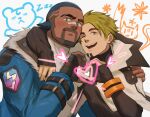  2boys beard black_hair blonde_hair blue_coat blue_eyes buzz_cut character_request coat copyright_request facial_hair heart heart_hands heart_hands_duo highres jacket looking_at_viewer male_focus multiple_boys one_eye_closed open_mouth sai_(serialmilq) short_hair single_arm_hug upper_body very_short_hair white_background white_jacket winter_clothes winter_coat yellow_eyes zzz 