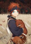  1boy aged_down aleo amagi_rinne aqua_eyes carrying closed_mouth commentary earrings ensemble_stars! fox jewelry leaf long_sleeves looking_at_viewer male_child male_focus outdoors redhead short_hair solo symbol-only_commentary tree 