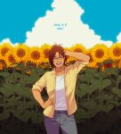  1other aquiline_nose blue_sky brown_hair closed_eyes clouds commentary contrapposto cowboy_shot dated denim english_commentary field flower flower_field grey_pants hand_in_own_hair hange_zoe hanpetos jeans open_mouth other_focus pants shingeki_no_kyojin shirt sky sleeves_rolled_up smile solo sunflower yellow_shirt 