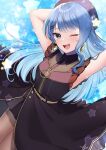  1girl ;d arms_up beret blue_eyes blue_hair dress earrings flower hair_flower hair_ornament hairclip hat highres hololive hoshimachi_suisei hoshimachi_suisei_(6th_costume) isuka jewelry long_hair looking_at_viewer one_eye_closed open_mouth smile solo star_(symbol) star_in_eye symbol_in_eye virtual_youtuber 