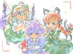 3girls :d @_@ ahoge animal_ear_fluff animal_ears black_bow bow braid cat_ears cat_tail chibi commentary_request extra_ears flying hair_bow hair_ribbon hands_up kaenbyou_rin komeiji_satori long_hair looking_at_another multiple_girls multiple_tails nekomata open_mouth purple_hair red_eyes redhead reiuji_utsuho ribbon smile subterranean_animism tail touhou tress_ribbon twin_braids two_tails very_long_hair violet_eyes wings yamasina009