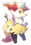  1girl :3 akaguri_risco animal_ear_fluff animal_ears animal_hands animal_nose artist_name black_fur braixen commentary_request cowboy_shot cropped_legs fangs flat_chest fox_ears fox_girl fox_tail furry furry_female hand_up happy highres looking_at_viewer multicolored_fur neck_fur open_mouth partial_commentary pokemon pokemon_(creature) red_eyes signature simple_background smile snout solo standing stick tail translation_request twitter_username watermark white_background white_fur yellow_fur 