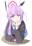 1girl blue_archive blush closed_mouth floating_headgear halo hariyaa head_rest headgear highres long_hair long_sleeves looking_at_viewer necktie purple_hair simple_background sitting smile solo utaha_(blue_archive) violet_eyes white_background 