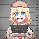  1girl barbie_mugshot_(meme) blonde_hair blue_eyes bob_cut brown_capelet brown_headwear capelet collared_shirt deerstalker detective hat height_chart height_mark highres holding holding_sign hololive hololive_english long_sleeves looking_at_viewer meme mugshot necktie onionyaa open_mouth prison prisoner red_necktie shirt short_hair short_necktie sign upper_body virtual_youtuber watson_amelia white_shirt 