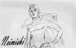  abs blonde_hair cape diego_brando greyscale jojo_no_kimyou_na_bouken male_focus monochrome muscular muscular_male neimishi steel_ball_run 