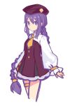  1girl aged_down artist_request atlas_academy_school_uniform beretta_px4 braid braided_ponytail dress fate/grand_order fate_(series) gun handgun hat long_hair neckerchief purple_dress purple_hair purple_headwear school_uniform sion_eltnam_sokaris socks solo tagme very_long_hair violet_eyes weapon yellow_neckerchief 