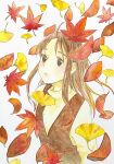  1girl antenna_hair brown_dress brown_eyes brown_hair dress floating_hair ginkgo_leaf highres leaf long_hair looking_afar maple_leaf n2mochi original painting_(medium) shirt sleeveless sleeveless_dress solo traditional_media turtleneck watercolor_(medium) white_shirt 