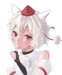  1girl animal_ears azov bare_shoulders black_gloves closed_mouth fingerless_gloves gloves hat highres index_finger_raised inubashiri_momiji looking_at_viewer pom_pom_(clothes) red_eyes ribbon-trimmed_sleeves ribbon_trim shirt short_hair simple_background solo tokin_hat touhou upper_body white_background white_hair white_shirt white_sleeves wolf_ears wolf_girl 