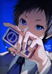  1boy absurdres black_hair blue_background blue_eyes cellphone choppy_bangs dated durarara!! english_text eromkk highres holding holding_phone looking_at_viewer male_focus necktie phone raira_academy_school_uniform ryuugamine_mikado school_uniform short_hair signature twitter_username upper_body 