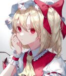 1girl absurdres blonde_hair bow expressionless flandre_scarlet hand_on_own_face highres jacket looking_at_viewer red_bow red_eyes red_jacket shirt solo toku_kekakewanko touhou white_background white_headwear white_shirt 