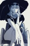  1girl arm_support black_dress chair dress eyewear_on_head feet_out_of_frame from_below highres holding holding_umbrella illustorte905 light_smile looking_at_viewer medium_hair monochrome nail_polish on_chair original signature sitting solo sunglasses umbrella 