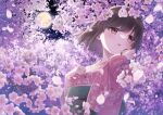  1girl brown_hair cherry_blossoms flower full_moon hand_on_own_cheek hand_on_own_chest hand_on_own_face head_tilt ibuki_ena japanese_clothes kimono long_sleeves looking_to_the_side moon night original outdoors parted_lips short_hair solo upper_body wide_sleeves 