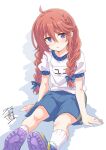  1girl absurdres ahoge artist_logo blue_shorts blush bow braid dated hair_between_eyes hair_bow highres long_hair looking_at_viewer name_tag orange_hair parted_lips princess_connect! sekiya_kuzuyu shirt shoes short_sleeves shorts sidelocks sitting sneakers socks solo twin_braids violet_eyes white_shirt white_socks yuni_(princess_connect!) yuni_(school_festival)_(princess_connect!) 