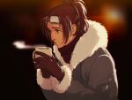  1other aquiline_nose blowing brown_eyes brown_gloves brown_hair brown_scarf coat coffee_mug commentary cup english_commentary gloves hange_zoe hanpetos mug ponytail scarf shingeki_no_kyojin solo solo_focus steam upper_body winter_clothes winter_coat 