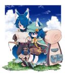  1boy 1girl animal_ears bag blue_hair boots cabbie_hat capelet day ears_through_headwear fingerless_gloves fox_boy fox_ears fox_girl fox_tail gloves grass hair_over_one_eye hat highres holding holding_compass holding_map holster kmy-3_(kumayu) long_hair map original outdoors pince-nez red_eyes shorts shoulder_bag sky suspenders sword tail thigh_holster weapon 