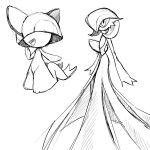  1girl 1other blunt_bangs bowl_cut commentary_request covered_eyes flat_chest full_body gardevoir greyscale hair_over_eyes hair_over_one_eye happy highres monochrome one_eye_covered open_mouth pokemon pokemon_(creature) ralts short_hair simple_background sketch smile snowygold_wolf standing white_background 