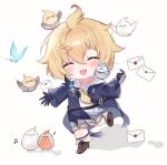  &gt;_&lt; 1boy :d ^_^ ahoge amimia_zaxtuta animal_on_head artist_name beamed_eighth_notes bird bird_on_head blonde_hair blue_gloves blue_jacket blush boots brown_footwear bug chibi closed_eyes collarbone commentary_request crystalfly_(genshin_impact) eighth_note envelope flying fold-over_boots genshin_impact gloves grey_shorts hair_between_eyes hands_up happy highres hood hood_down hoodie jacket leg_up long_sleeves male_focus mika_(genshin_impact) musical_note necktie on_head open_clothes open_jacket open_mouth short_hair shorts sidelocks simple_background smile solo standing standing_on_one_leg white_background white_hoodie yellow_necktie 