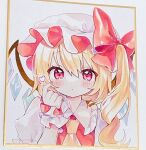  1girl ascot bow closed_mouth commentary_request flandre_scarlet hair_bow hat hat_bow heart heart-shaped_pupils highres long_hair looking_at_viewer mob_cap moni_monico one_side_up red_bow red_eyes red_nails solo symbol-shaped_pupils touhou traditional_media upper_body white_headwear wrist_cuffs yellow_ascot 