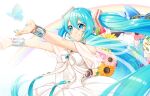  1girl absurdres blue_eyes blue_hair bracelet dress flower hair_ornament hatsune_miku headphones headset highres jewelry long_hair masumofu nail_polish off-shoulder_dress off_shoulder outstretched_arms shawl smile solo sparkle sunflower twintails very_long_hair vocaloid 