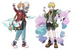  2boys ;) ahoge black_shorts blonde_hair blue_eyes commentary eji_gakuki fingernails full_body galarian_ponyta green_eyes hand_on_own_hip highres holding holding_poke_ball jacket male_focus multiple_boys one_eye_closed open_clothes open_jacket poke_ball pokemon pokemon_(creature) pokemon_(game) pokemon_sv shoes shorts smile symbol-only_commentary v white_background 