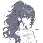  1girl asahina_mafuyu empty_eyes high_ponytail highres korean_text long_hair looking_at_viewer parted_lips portrait project_sekai purple_hair remsrar sailor_collar shirt sidelocks simple_background sketch solo translation_request violet_eyes 