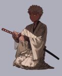  1boy emiya_shirou expressionless fate/grand_order fate_(series) full_body grey_background holding holding_sword holding_weapon katana long_sleeves male_focus robe seiza senji_muramasa_(fate) senji_muramasa_(third_ascension)_(fate) sheath sheathed short_hair simple_background sitting solo sunlight sword tnaym toned toned_male weapon white_hair white_robe wide_sleeves yellow_eyes 